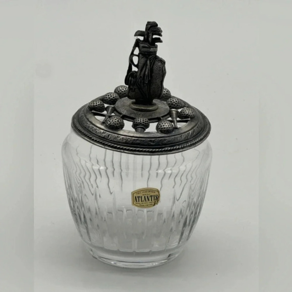 ATLANTIS Silver Mounted Lid Crystal Glass Candy Display Vanity Trinket PORTUGAL